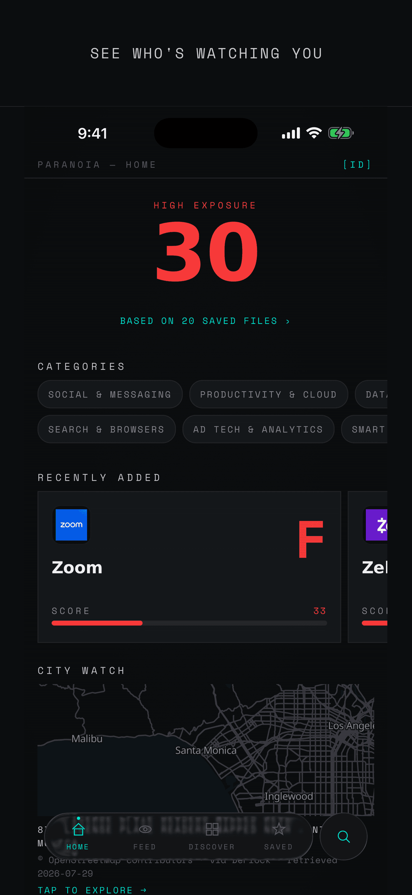 The Home screen showing an exposure score of 30, 20 saved company files, category filters and the City Watch map entry point.