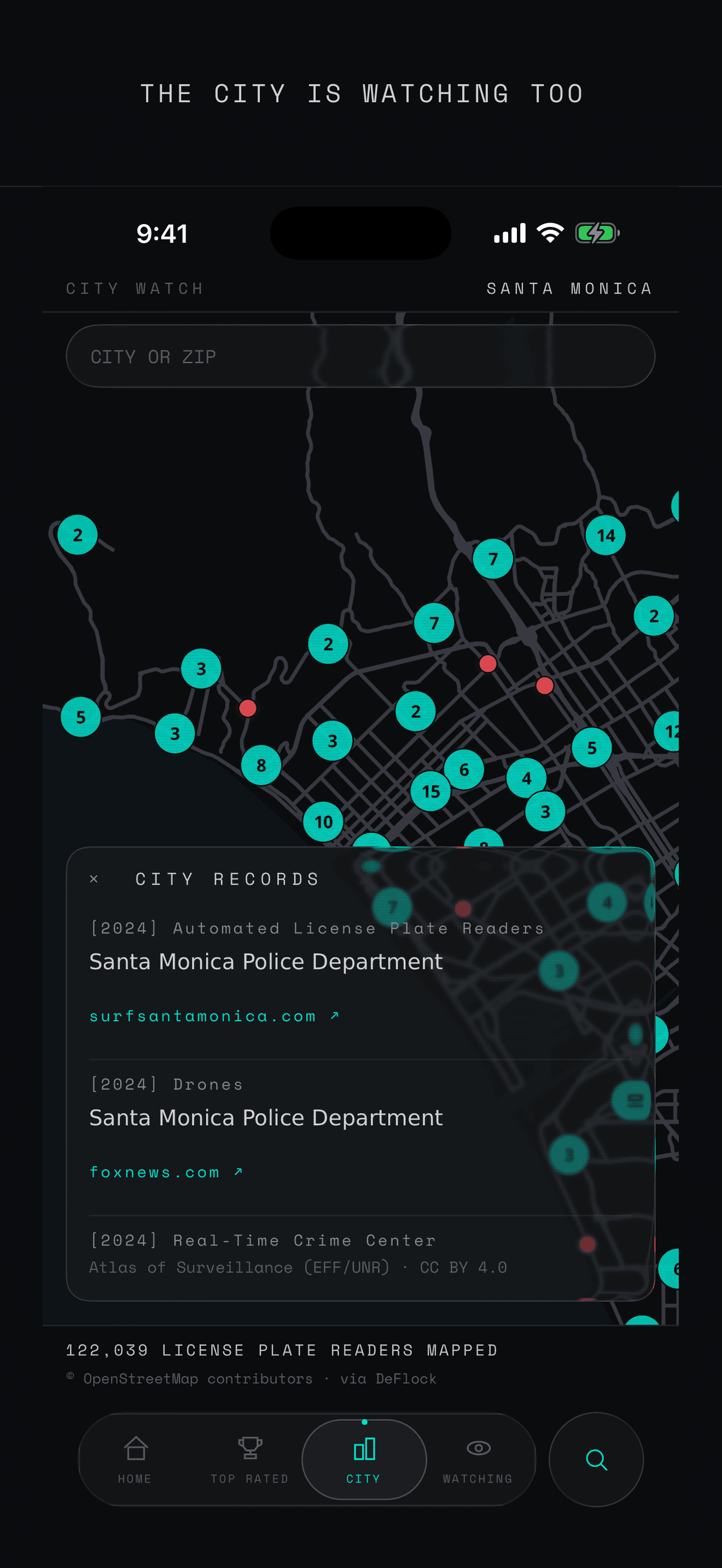 City Watch on its own tab, plotting clusters of surveillance devices across Santa Monica with a CITY RECORDS sheet open on 2024 police license plate readers and drones, each carrying its source link.