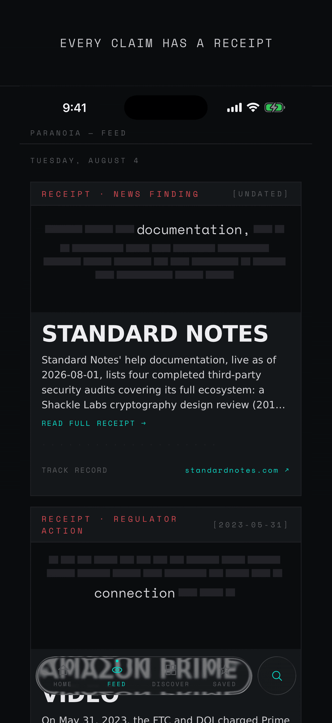 The FEED, a scrollable stream of sourced claims, newly added company files, score verdicts and city surveillance snapshots.