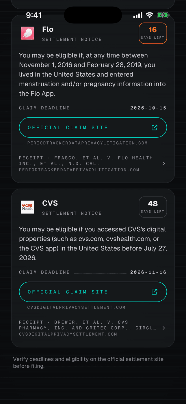 The Settlements screen listing class-action and regulatory settlements tied to watched companies, each with its own claim deadline and payout link.
