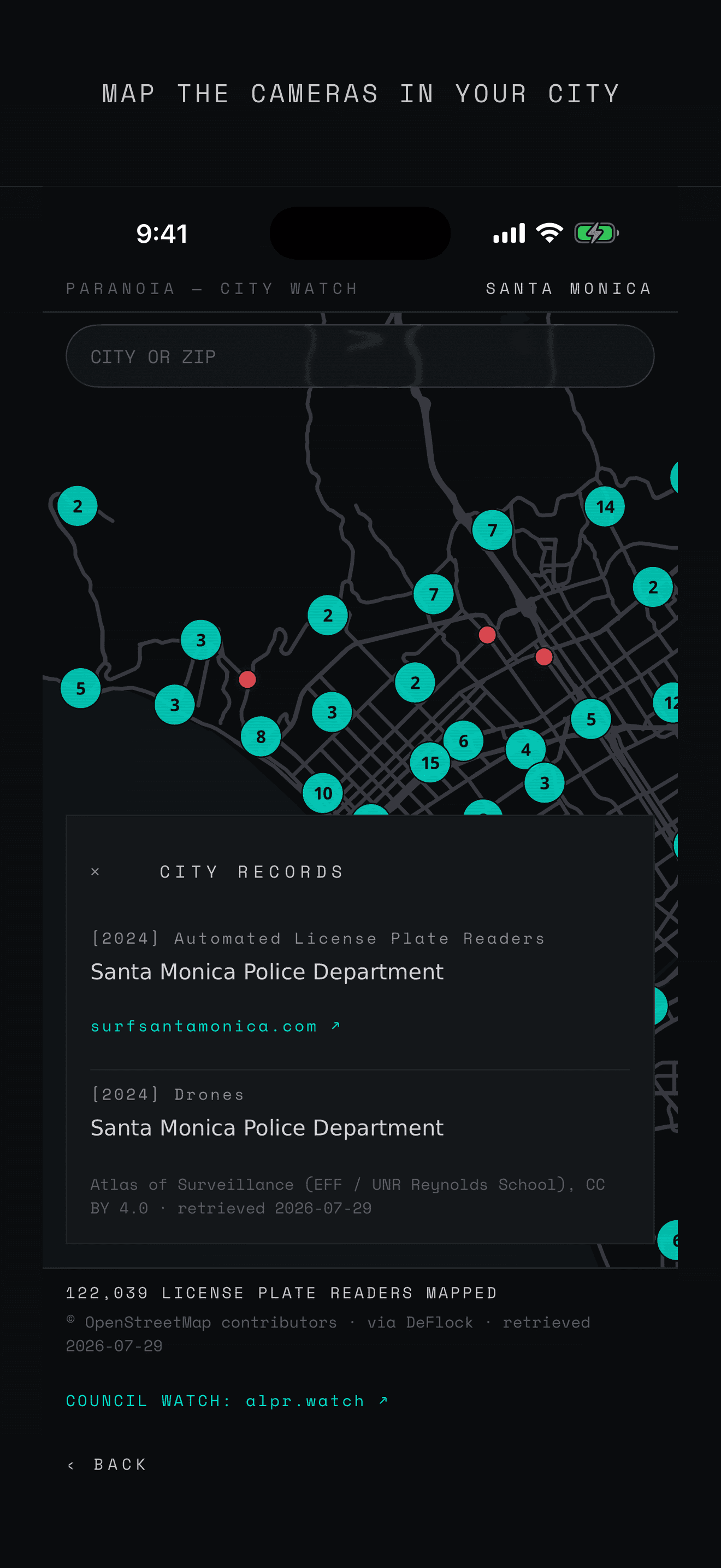 The City Watch map of Santa Monica with surveillance markers.