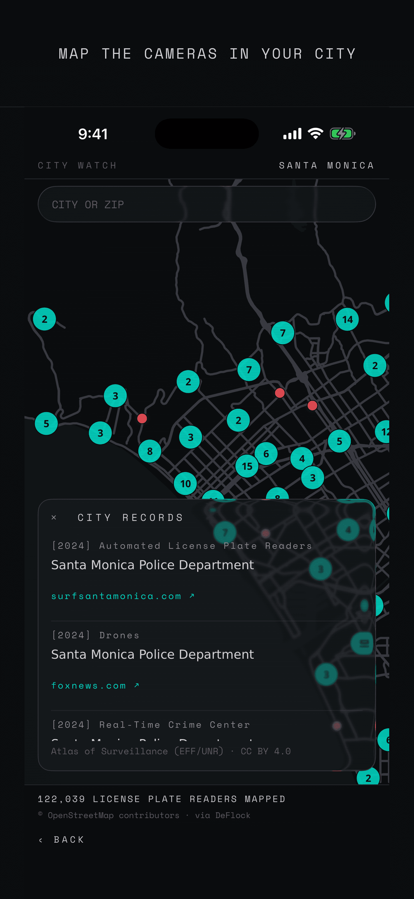 The same Santa Monica surveillance map as a full-screen detail view, its CITY RECORDS entries credited to the Atlas of Surveillance and the map data to OpenStreetMap, over a running count of 122,039 license plate readers mapped.