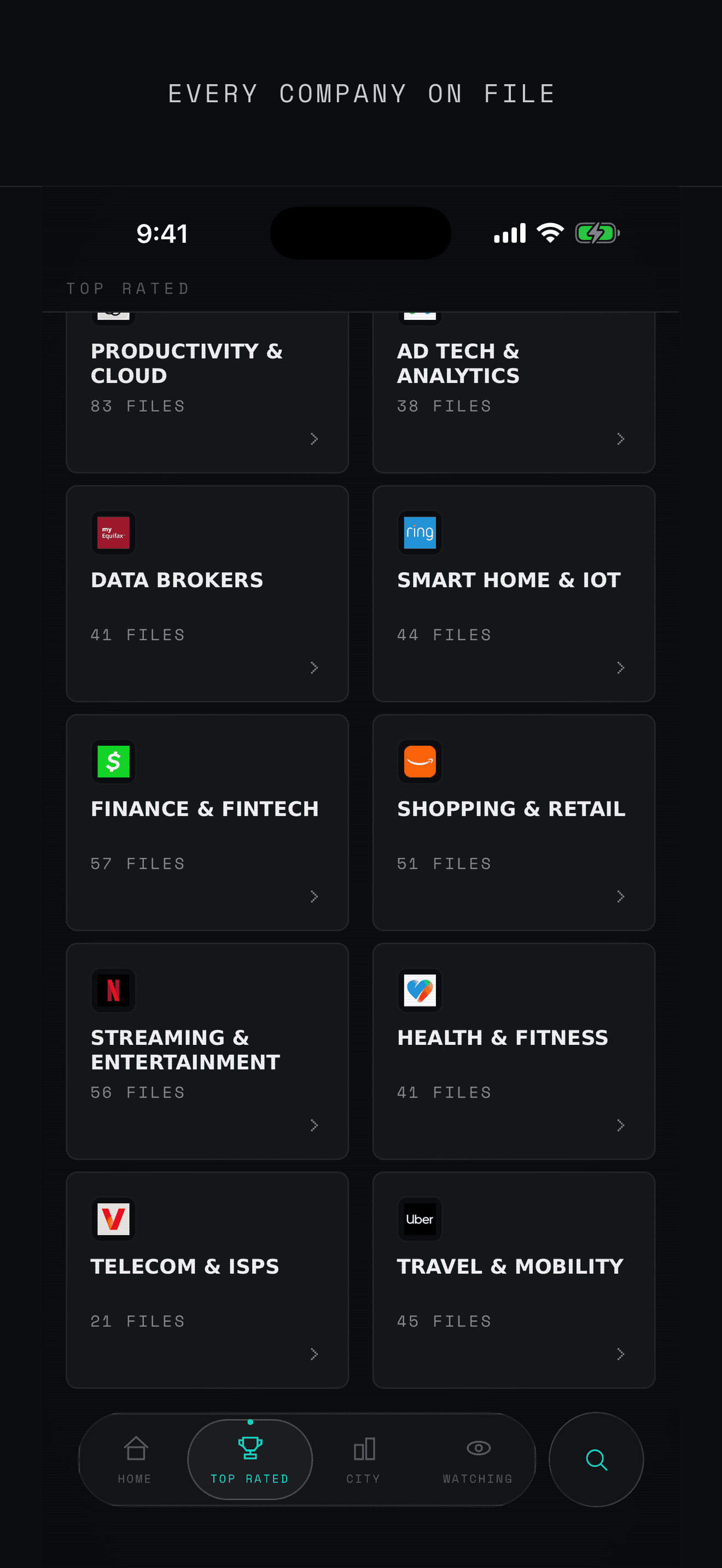 The Top Rated browser listing company files by category — Data Brokers, Smart Home and IoT, Finance and Fintech, Streaming and Entertainment, Telecom and ISPs and more — with the number of files each one holds.